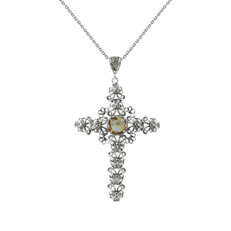 Filigree Art Citrine Gemstone Silver Cross Pendant Necklace | Handcrafted Jewelry