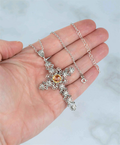 Filigree Art Citrine Gemstone Silver Cross Pendant Necklace | Handcrafted Jewelry