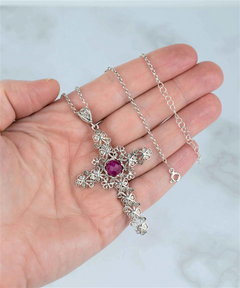 Elegant Filigree Art Ruby Corundum Gemstone Silver Cross Pendant Necklace