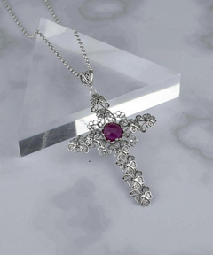 Elegant Filigree Art Ruby Corundum Gemstone Silver Cross Pendant Necklace