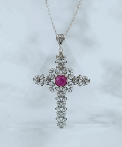 Elegant Filigree Art Ruby Corundum Gemstone Silver Cross Pendant Necklace