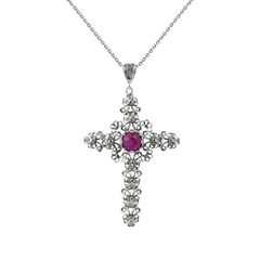 Elegant Filigree Art Ruby Corundum Gemstone Silver Cross Pendant Necklace