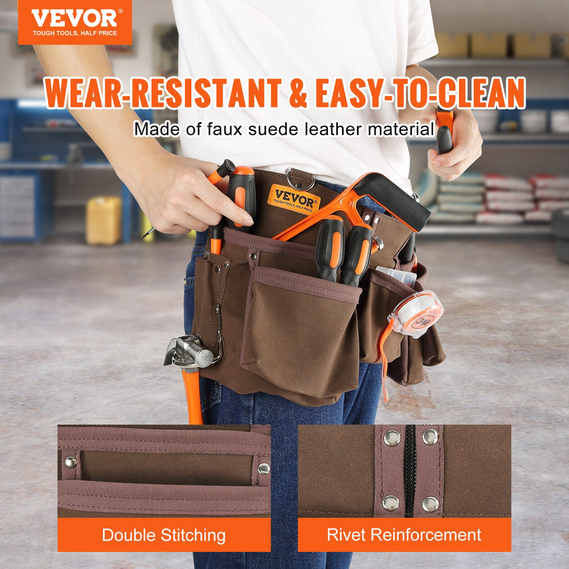 VEVOR 13 Pockets Tool Belt - Adjustable, Heavy Duty, Leather Tool Pouch Bag with Dual Hammer Loops - Ideal for Electricians, Carpenters, and Handymen - Brown