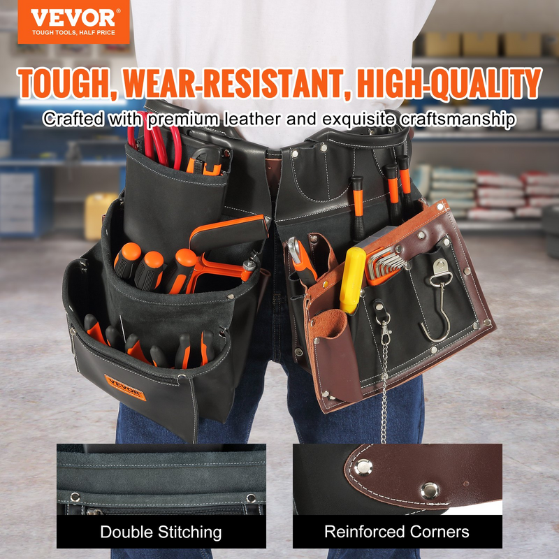 VEVOR Tool Belt, Leather Heavy Duty Tool Pouch Bag - Adjustable Fit, Multi-Pocket Design