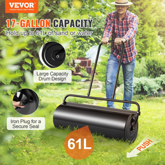 VEVOR 17-Gallon Lawn Roller - Sand/Water Filled Steel Yard Roller with Easy-Turn Plug & Ergonomic Handle - Ideal for Lawn, Garden, Farm & Park Maintenance - Black