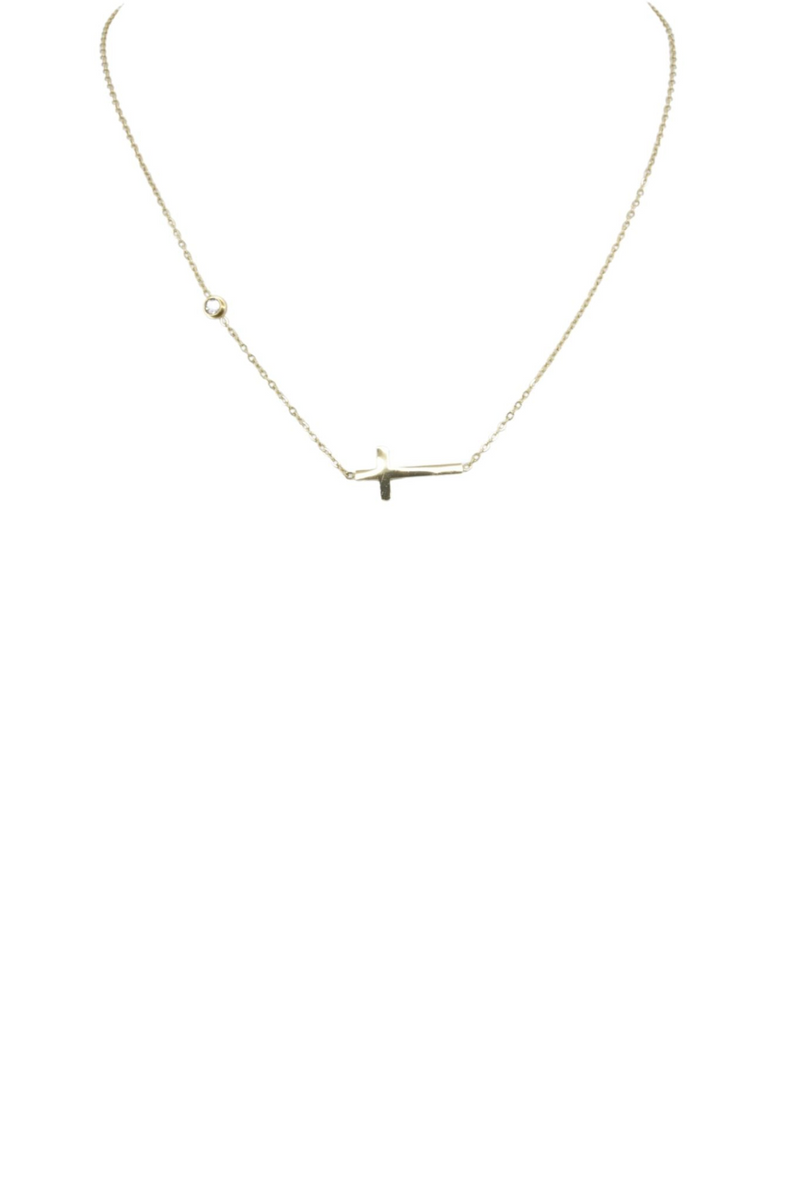 Elegant Crystal and Cross Simple Chain Necklace - Gold Finish