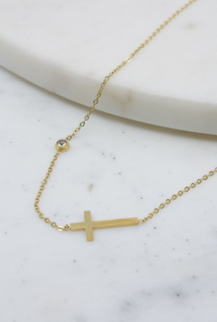 Elegant Crystal and Cross Simple Chain Necklace - Gold Finish