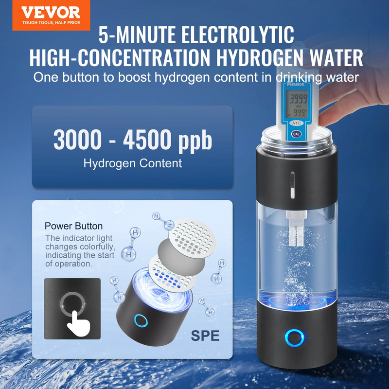 VEVOR Portable Hydrogen Water Bottle Generator, 8.1 oz Capacity, SPE Technology, Rich Water Ionizer with Nasal Inhalation Tube, Self-Cleaning Function