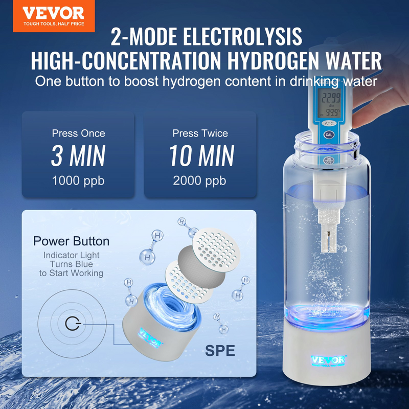 VEVOR Hydrogen Water Bottle Generator - Portable Hydrogen Water Maker with Nasal Inhalation Tube and Self-Cleaning