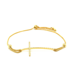 Elegant Adjustable 14k Yellow Gold Bracelet with Textured Cross - Perfect for Friendship & Faith