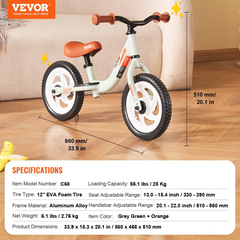 VEVOR Toddler Balance Bike - Lightweight Aluminum Alloy Kids Bike | Adjustable & Safe