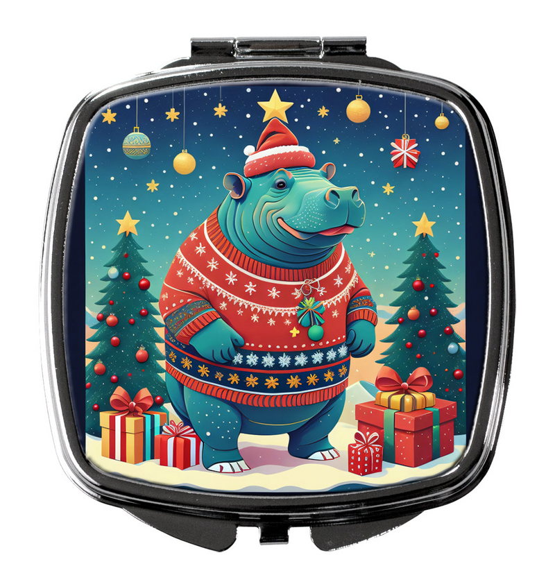 Festive Hippopotamus Christmas Compact Mirror - Stylish & Portable Makeup Essential