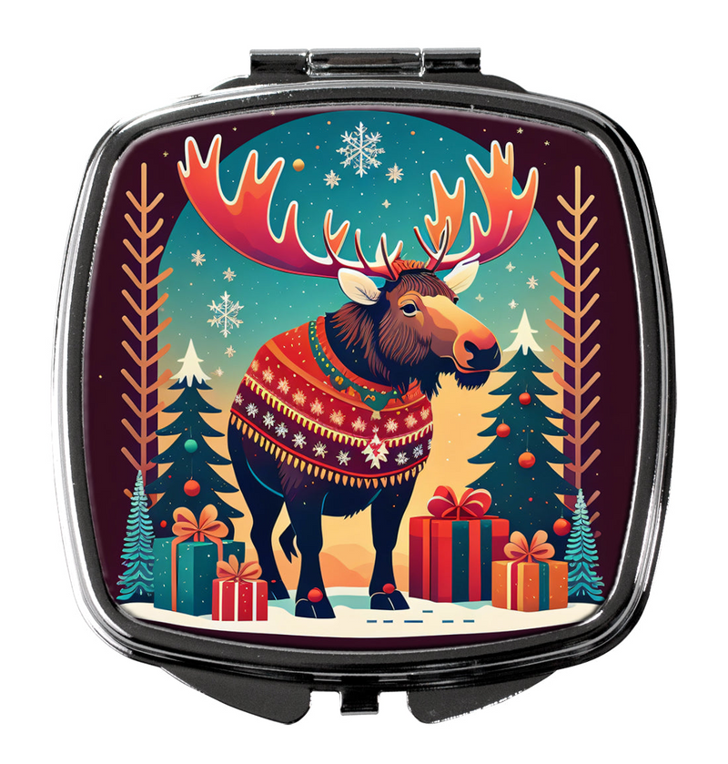 Moose Christmas Compact Mirror - Elegant Silvertone Metal Pocket Accessory for Holiday Makeup Touch-Ups