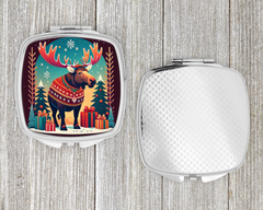 Moose Christmas Compact Mirror - Elegant Silvertone Metal Pocket Accessory for Holiday Makeup Touch-Ups