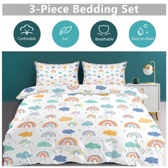 Weather Rainbow Clouds and Raindrops 3-Piece Bedding Set-86"×70"/ 218×177cm Double Sided Duvet and 2 Sham Set Fits Twin to Full