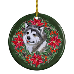 Alaskan Malamute Poinsettia Wreath Personalized Ceramic Christmas Ornament - Unique Holiday Decoration