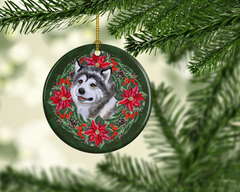 Alaskan Malamute Poinsettia Wreath Personalized Ceramic Christmas Ornament - Unique Holiday Decoration