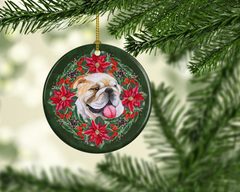 Personalized English Bulldog Poinsettia Wreath Ceramic Ornament - Perfect Christmas Decoration & Pet Lover's Gift