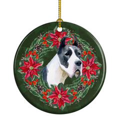 Personalized Harlequin Great Dane Poinsettia Wreath Ceramic Ornament - Festive Holiday Decor & Unique Gift