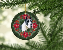 Personalized Harlequin Great Dane Poinsettia Wreath Ceramic Ornament - Festive Holiday Decor & Unique Gift