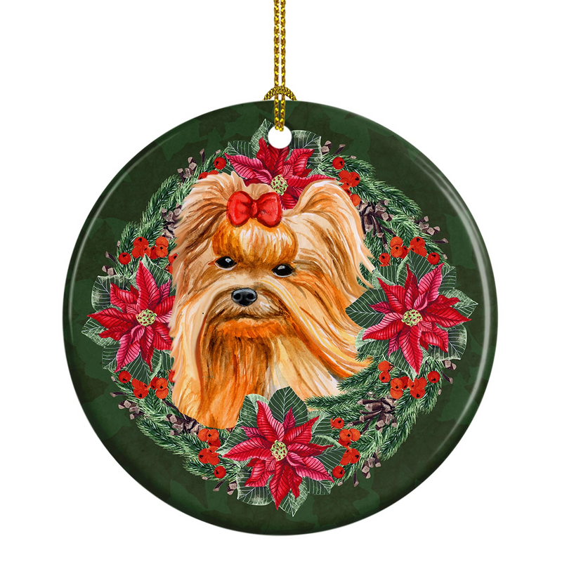 Charming Yorkshire Terrier Poinsettia Wreath Ceramic Christmas Ornament – Personalized Holiday Decor