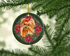 Charming Yorkshire Terrier Poinsettia Wreath Ceramic Christmas Ornament – Personalized Holiday Decor