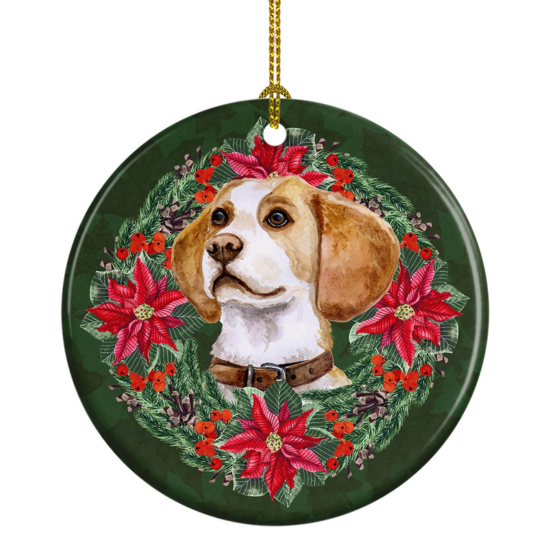 Festive Beagle Poinsettia Wreath Ceramic Christmas Ornament - Personalized Holiday Decor