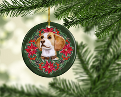 Festive Beagle Poinsettia Wreath Ceramic Christmas Ornament - Personalized Holiday Decor