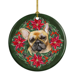 Charming French Bulldog Poinsettia Wreath Ceramic Ornament – Perfect Christmas Tree Decoration