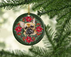 Charming French Bulldog Poinsettia Wreath Ceramic Ornament – Perfect Christmas Tree Decoration