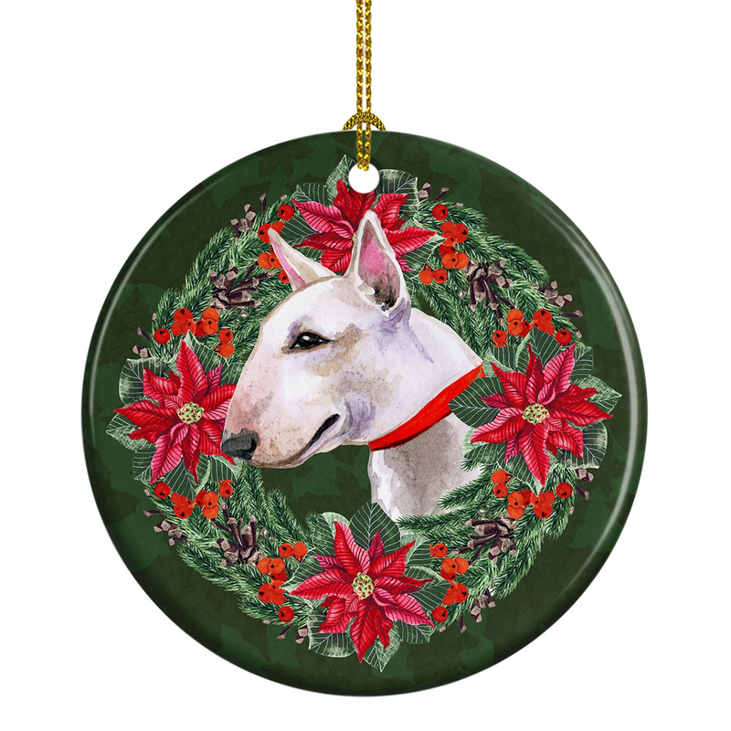 Bull Terrier Poinsettia Wreath Ceramic Ornament - Personalized Festive Christmas Decor for Dog Lovers