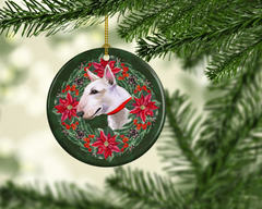 Bull Terrier Poinsettia Wreath Ceramic Ornament - Personalized Festive Christmas Decor for Dog Lovers