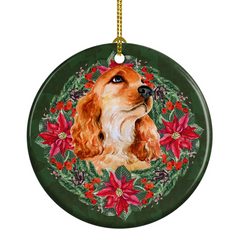 Charming Cocker Spaniel Poinsettia Wreath Ceramic Ornament - Personalized Christmas Decor