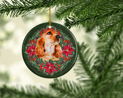 Charming Cocker Spaniel Poinsettia Wreath Ceramic Ornament - Personalized Christmas Decor