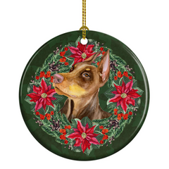 Doberman Pinscher Poinsettia Wreath Ceramic Ornament | Personalized Christmas Decor