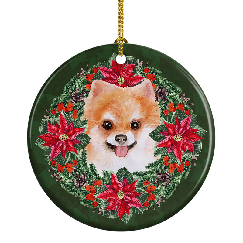 Pomeranian Poinsettia Wreath Ceramic Ornament – Personalized Christmas Decor & Festive Holiday Keepsake