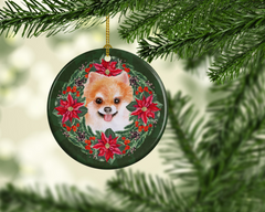 Pomeranian Poinsettia Wreath Ceramic Ornament – Personalized Christmas Decor & Festive Holiday Keepsake