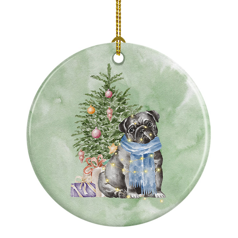 Pug Christmas Ornament - Personalized Ceramic Holiday Decoration with Presents and Tree Design