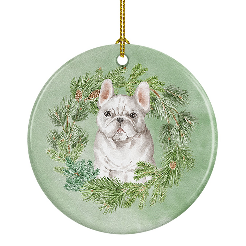 French Bulldog White Christmas Wreath Ceramic Ornament - Personalized Holiday Decor | Beautiful & Unique Holiday Keepsake