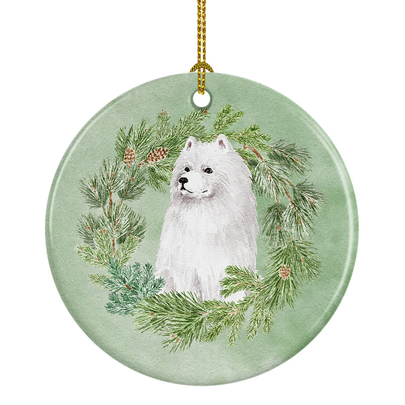 Samoyed Sitting Christmas Wreath Ceramic Ornament - Perfect Holiday Decor & Personalized Gift