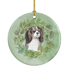 Cavalier Spaniel Tricolor Christmas Wreath Ceramic Ornament - Personalized Holiday Decor