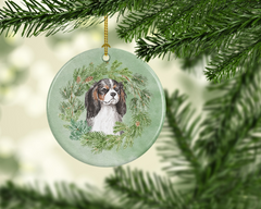 Cavalier Spaniel Tricolor Christmas Wreath Ceramic Ornament - Personalized Holiday Decor