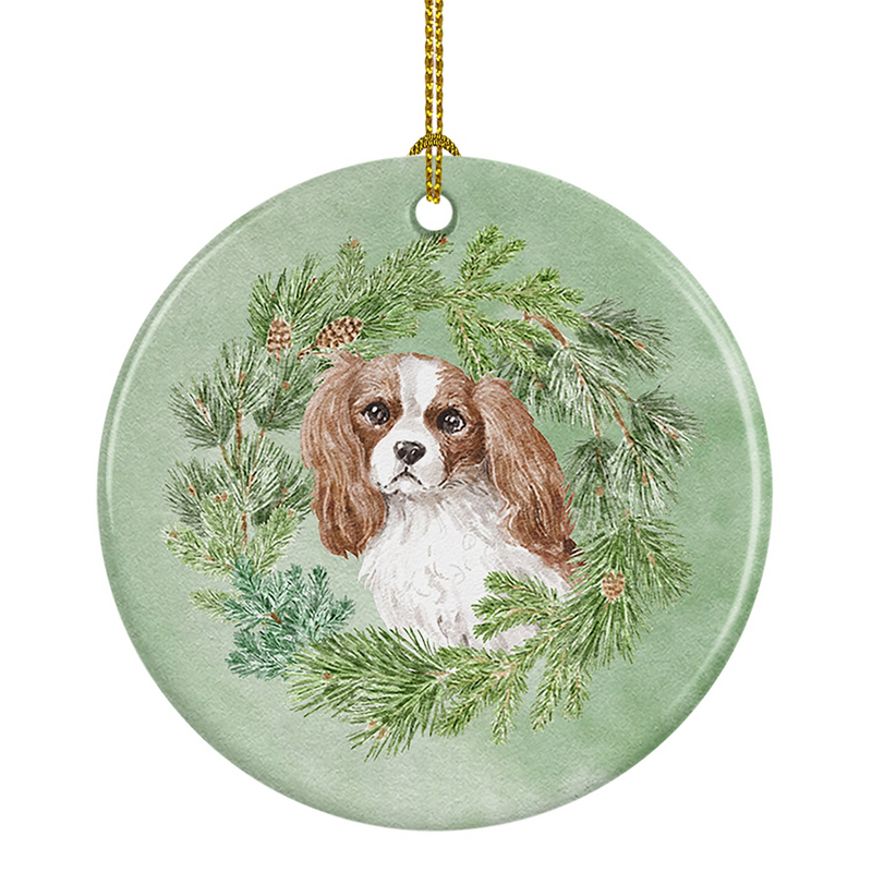 Cavalier Spaniel Blenheim Christmas Wreath Ceramic Ornament - Personalized Holiday Decor for Dog Lovers