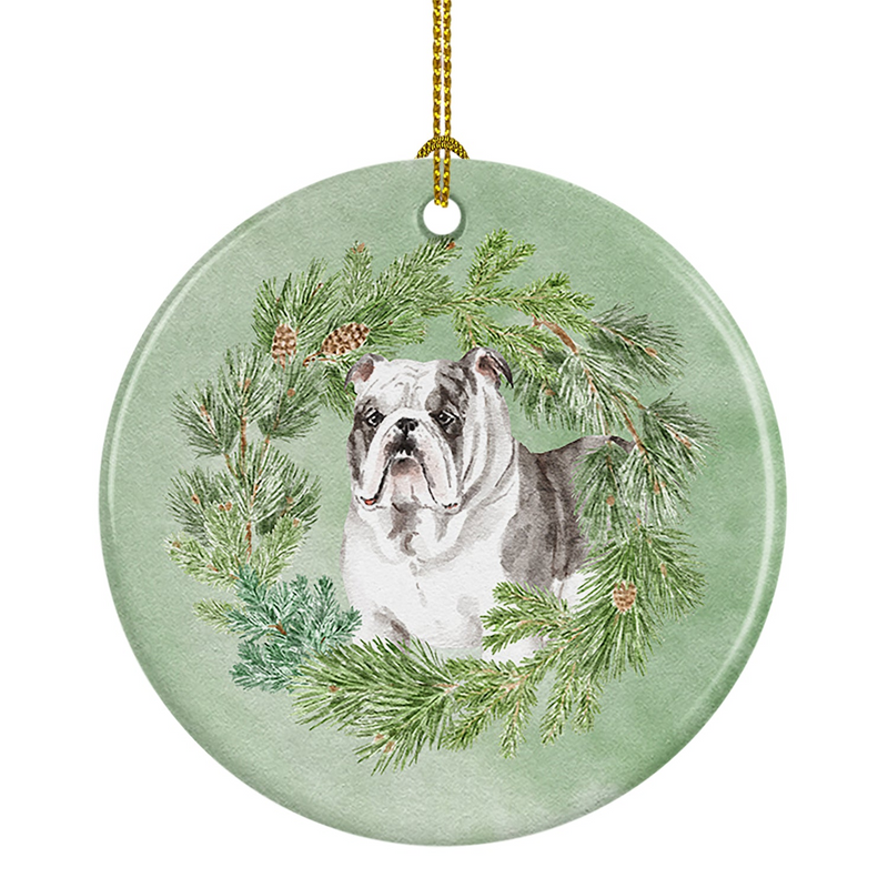 Festive Bulldog Brindled Christmas Wreath Ceramic Ornament - Personalized Holiday Decor | Made in USA