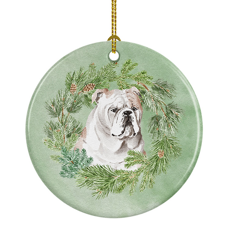 Festive Bulldog Fawn Christmas Wreath Ceramic Ornament - Personalized Holiday Decor