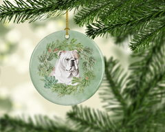 Festive Bulldog Fawn Christmas Wreath Ceramic Ornament - Personalized Holiday Decor