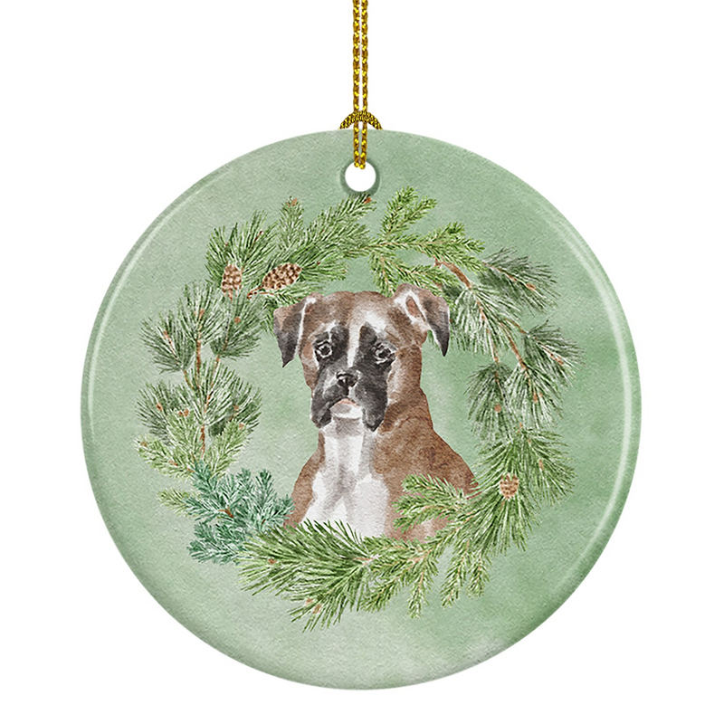 Boxer Fawn Christmas Wreath Ornament - Festive Holiday Ceramic Decor for Dog Lovers