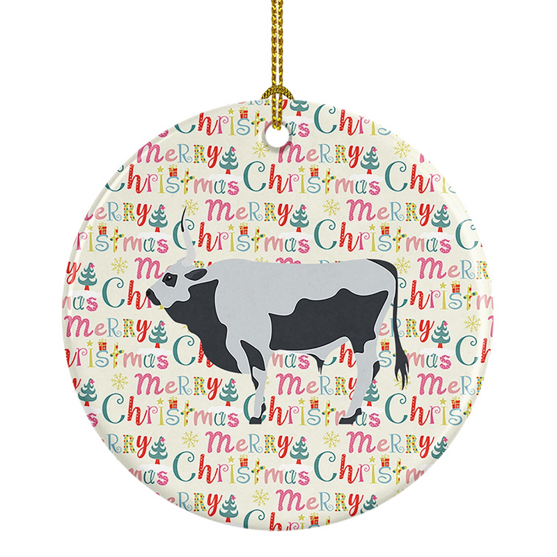 Hungarian Grey Steppe Cow Christmas Ornament - Ceramic, Farmhouse Holiday Tree Decoration