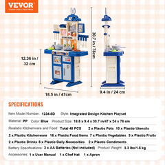 VEVOR 48-Piece Kids Kitchen Playset - Blue - Interactive Cooking Toy Set for Imaginative Play