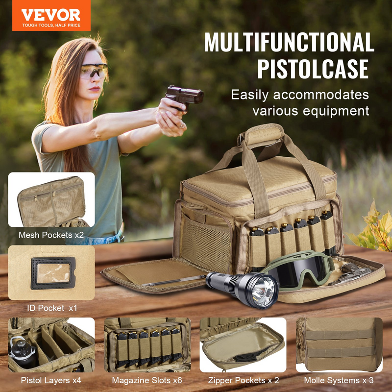 VEVOR Tactical Gun Range Bag for 4 Pistols - Spacious, Durable, and Portable with Single Shoulder Strap - Brown